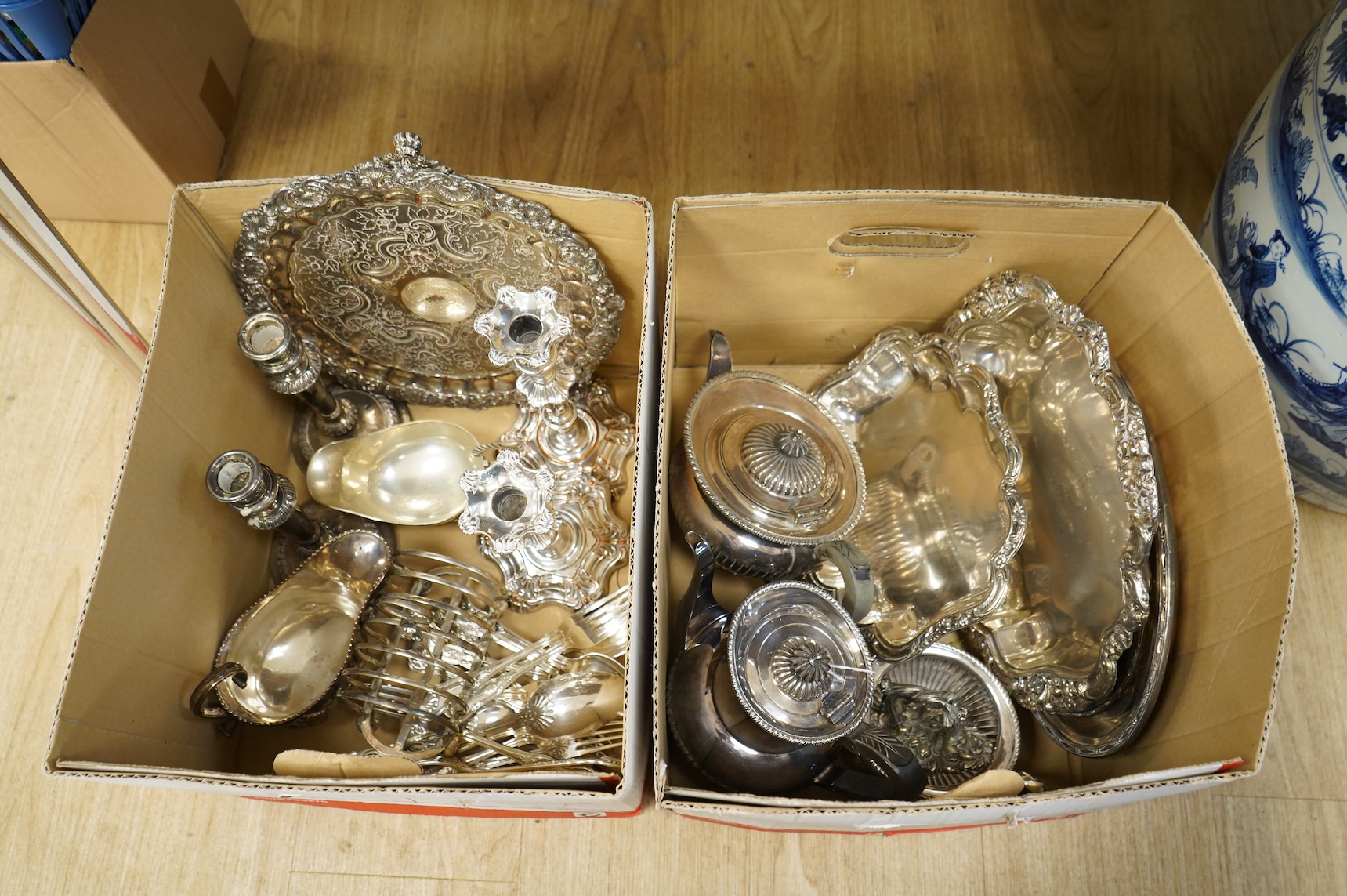 A pair of George III Old Sheffield plate candlesticks Mappin & Webb tea service